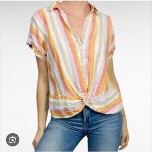 Loft Lou & Grey Size L Blouse 100% Linen Striped Button Up Twist Front Boho Chic